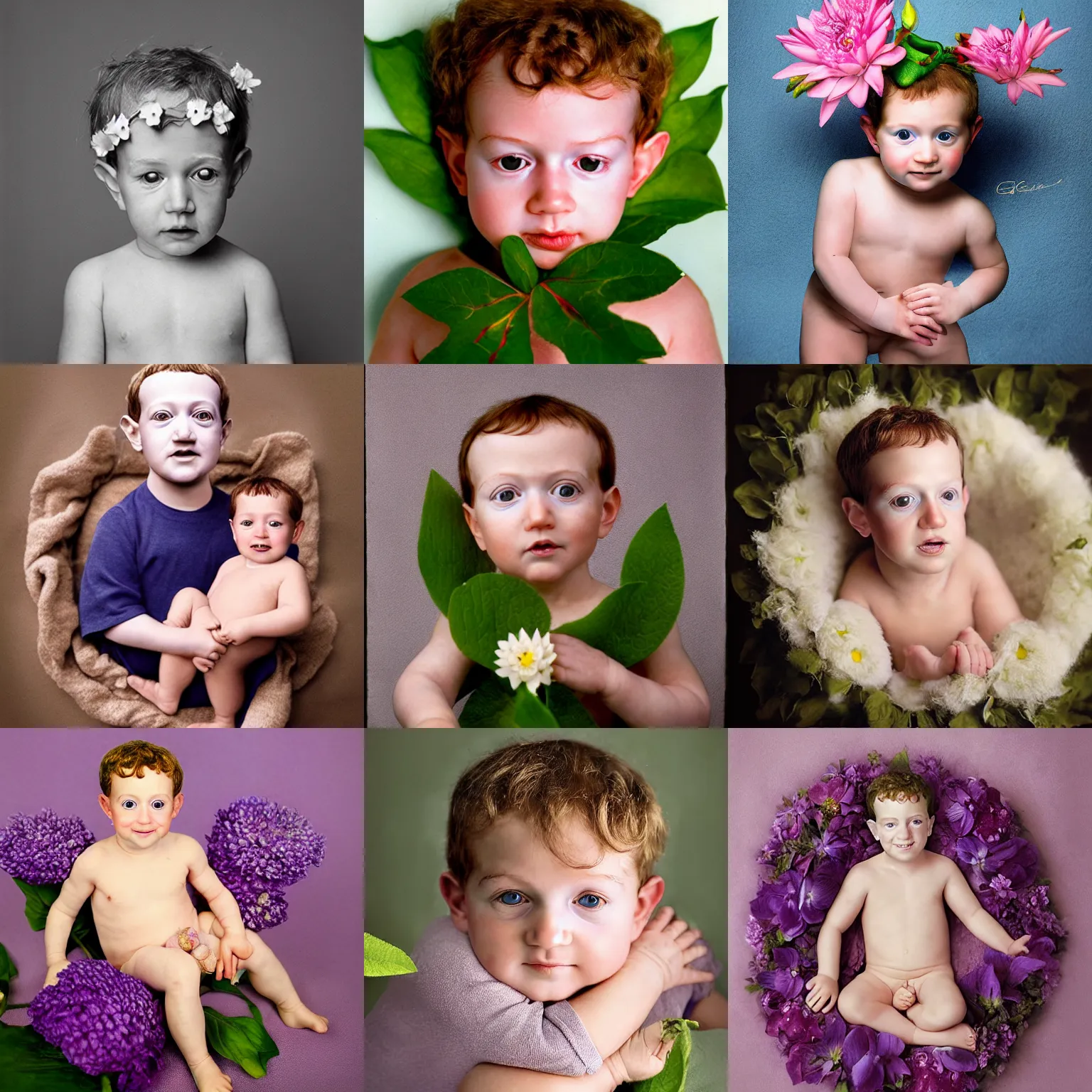 Prompt: Portrait photo of a baby Mark Zuckerberg with flower, photographed by Anne Geddes