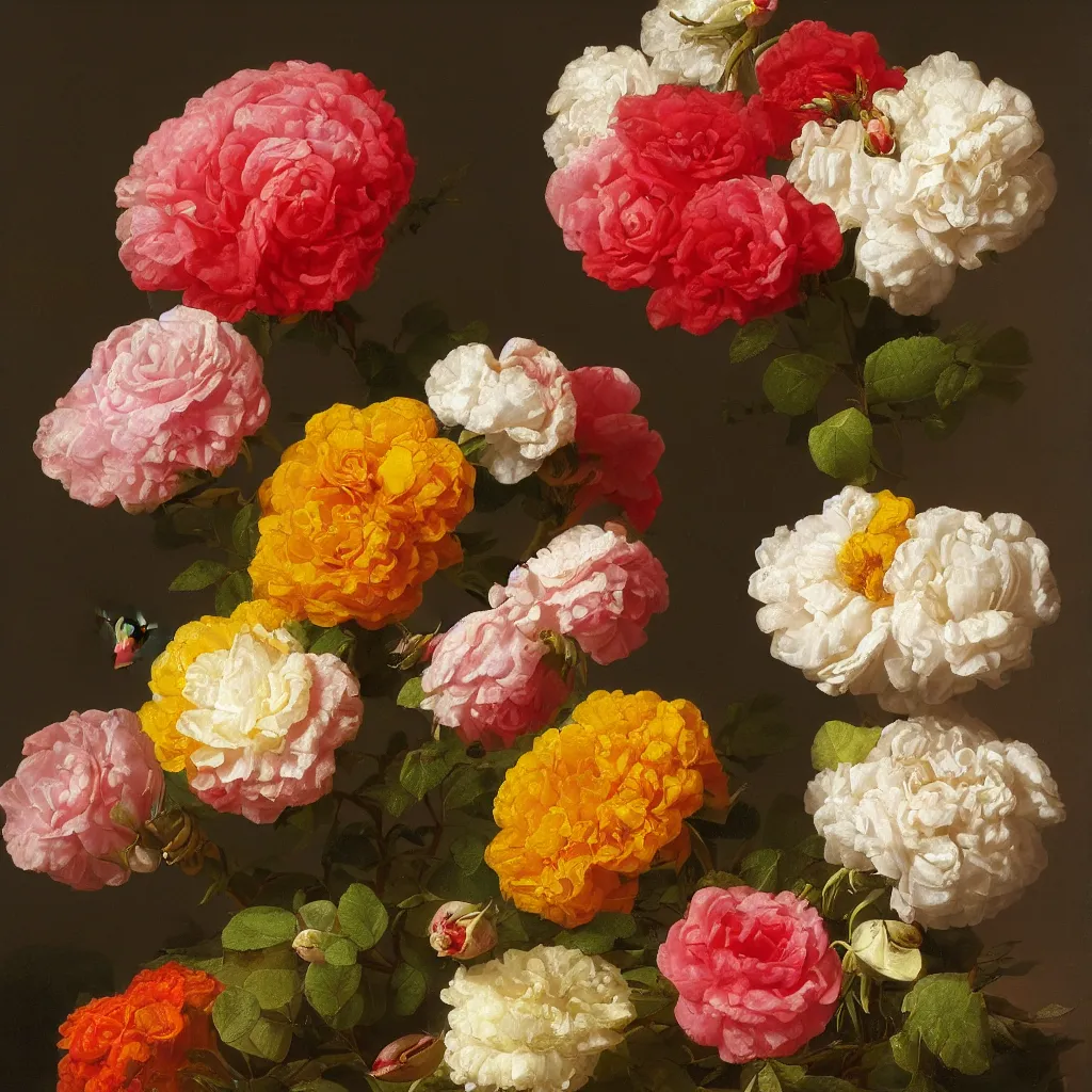 Prompt: a nosegay of roses, marigolds and a pigeon, by Rachel Ruysch, 1695