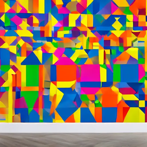Prompt: one hyper real rubber duck on a pedestal in an art gallery, the walls are covered with colorful geometric wall paintings in the style of sol lewitt.