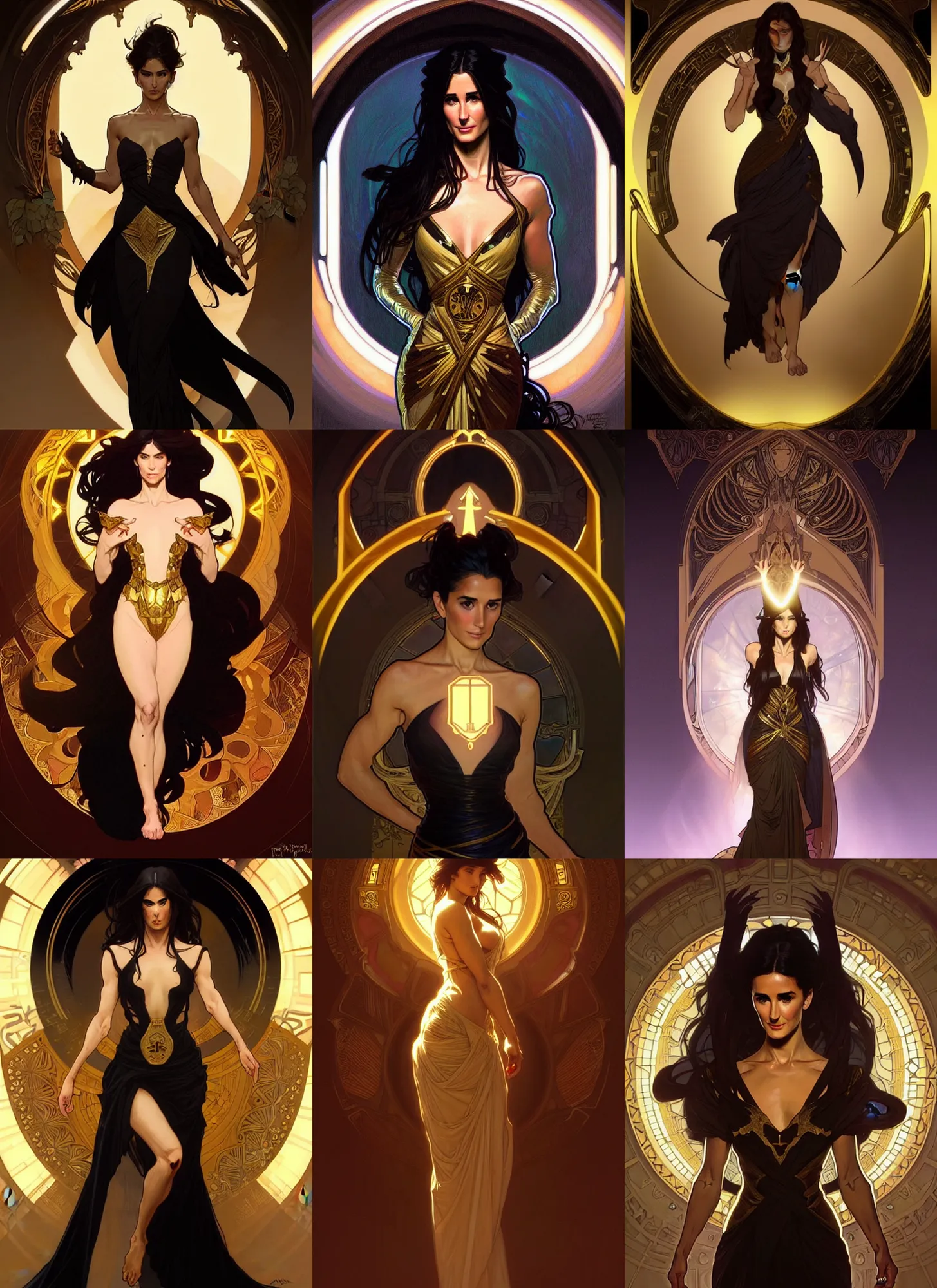 Prompt: digital character concept art by artgerm greg rutkowski alphonse mucha sylvain sarrailh of young demi moore as a d & d sorceress, black and gold dress, perfect likeness, clear portrait, holy body! light effect. hyper detailed, glowing lights!! intricate, elegant, digital painting, artstation, smooth, sharp focus