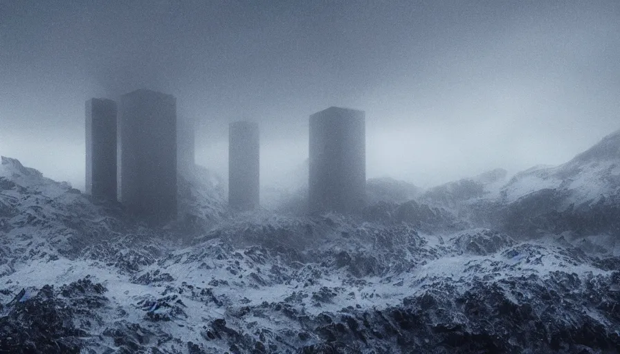 Image similar to brutalist tall tower in edge of artic mountains snow hills in the distance, volumetric light, storm, hyperdetailed, artstation, cgsociety, 8 k