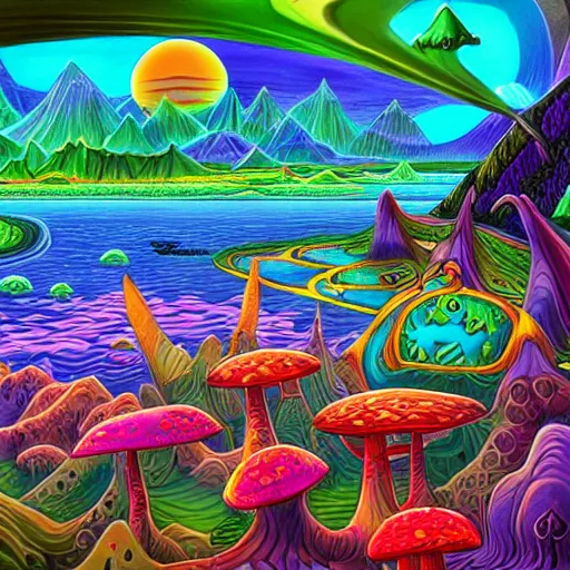 Image similar to psychedelic mushroom kingdom, dmt, landscape, river, trending on artstation, detailed