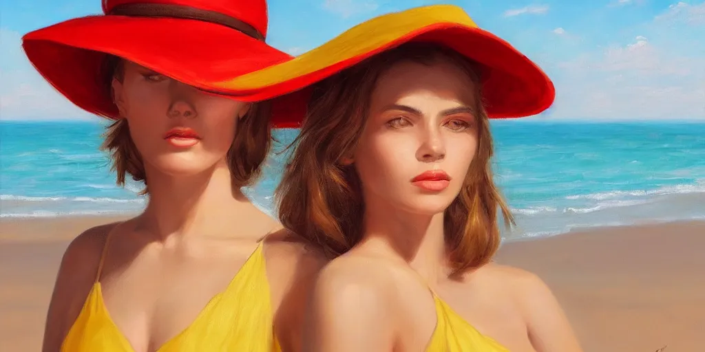 Image similar to beautiful oil matte portrait painting, young woman with red dress and mustard yellow summer hat at a beach on a sunny day, wonderful masterpiece highly detailed, beautiful cinematic light deep focus, elegant, digital painting, smooth, sharp focus, golden ratio, dramatic illumination, ultra realistic, 8 k, art by jimmy law