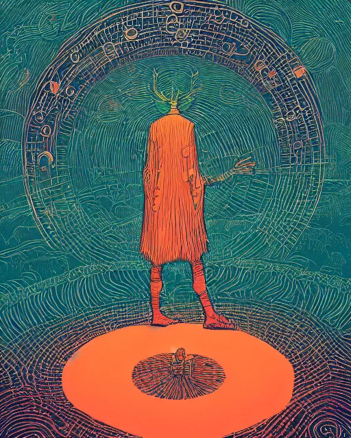 Prompt: a druid standing in a circle at the beginning of the world by Victo Ngai