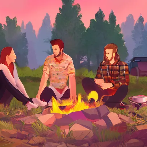 Image similar to team discussing around bonfire, sunset, third person view, clothes with pattern of pieces of watermelon, detailed, artstation,