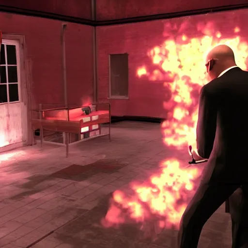 Prompt: morgan freeman being eliminated by agent 47 in the videogame Hitman blood money (2005), screenshot, 4k