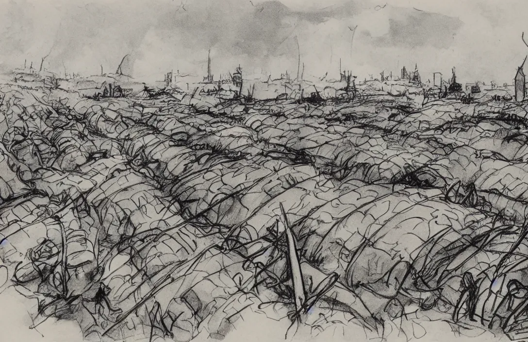 Image similar to milt kahl sketch of world war 1 trenches with the city of miami in the background