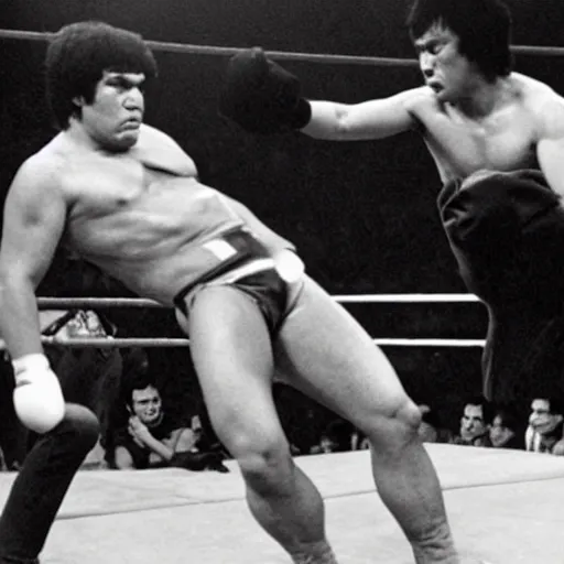 Prompt: Andre the giant fighting Bruce Lee