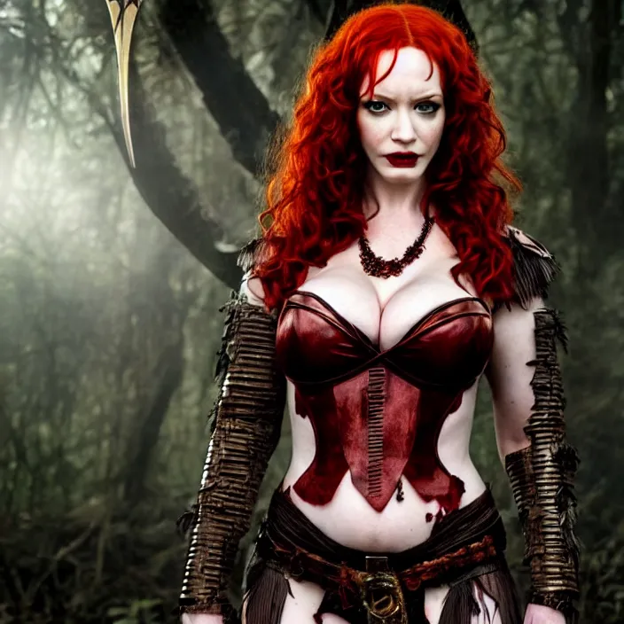 Image similar to full length photo of christina hendricks as a vampire amazon warrior, highly detailed, 4 k, hdr, smooth, sharp focus, high resolution, award - winning photo