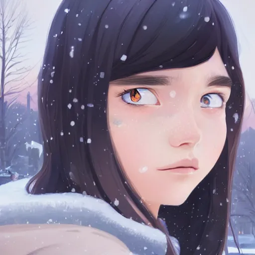 Prompt: portrait of teen girl with long black hair and bangs, detailed facial features, beautiful face, snowy winter village in the background, digital painting, artstation, highly detailed, by makoto shinkai and thomas kindle and James gilleard