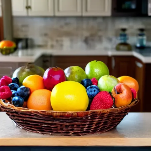 Prompt: a fruit basket on top of a kitchen table