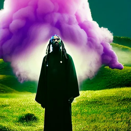 Image similar to snoop dogg with white hair and white beard as gandalf the white, exhaling a huge cloud of magical purple smoke in the vast and lush green fields of the shire, Japanese CGI, VFX, 2003, 40mm lens, shallow depth of field, film photography, volumetric lighting, highly detailed, ultrarealistic