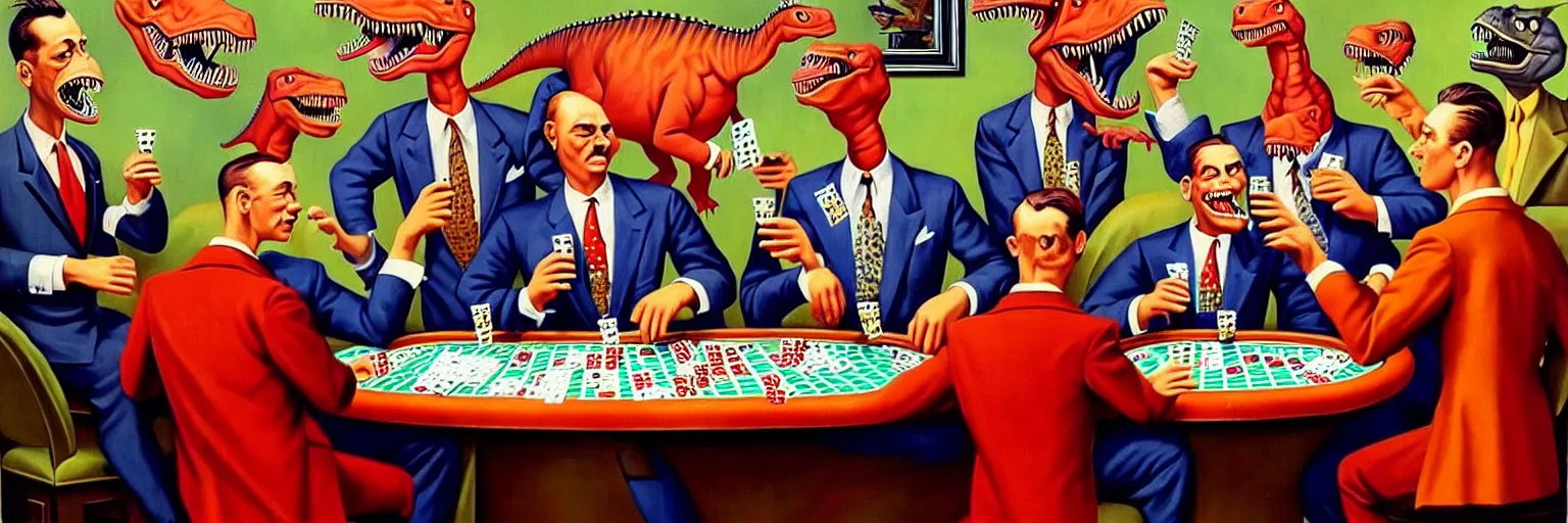 Image similar to dinosaurs wearing vintage suits, playing poker and drinking beer, 1 9 5 0's, oil painting, hyperdetailed