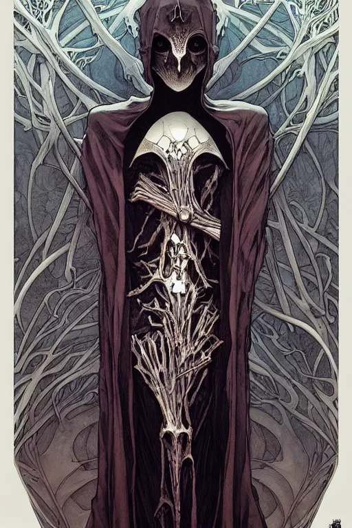 Image similar to artgerm, joshua middleton, mucha, beksinski, moebius, heavy metal comic cover art, psychedelic triangular skeletal calcification fungus lich in darkiron spike armor, full body, hollow eyes, symmetrical face, long black crown, in a dungeon background, moody dark colors