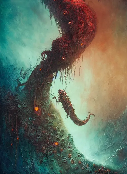 Image similar to the caterpillar, call of cthulhu, highly detailed, cinematic, 8 k, by megan duncanson, benjamin lacombe, adrian borda, stanley artgermm, tom bagshaw, craig mullins, carne griffiths, ayami kojima, beksinski, giger, trending on deviantart, hyper detailed, horror, full of colour