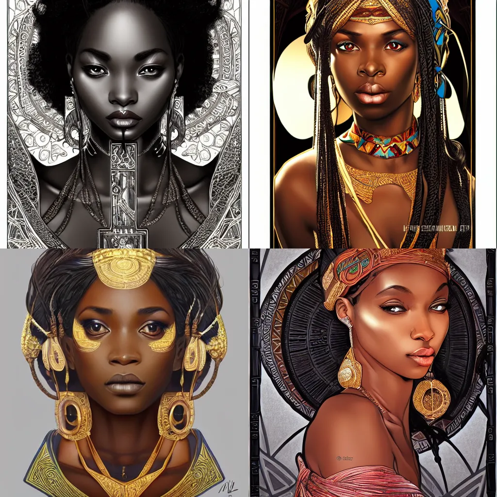 Prompt: black african princess, symmetric, highly detailed, concept art, intricate, sharp focus, illustration, rutkowski, artgerm, alphonse mucha