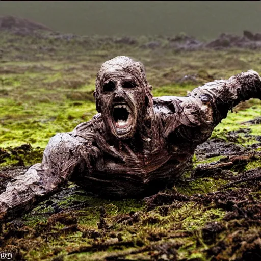 Image similar to a peat bog mummy climbing from the bog, snarling and angry, hyper realistic, photo, midday, rain