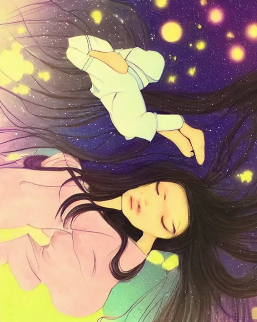 Image similar to a cute pastel night, Yukiko Sato is asleep, moon, starry, fireflies, her gorgeous luxurious black hair is lifted up as if underwater, blending into the night sky Milky Way, zero gravity hair, rule of thirds