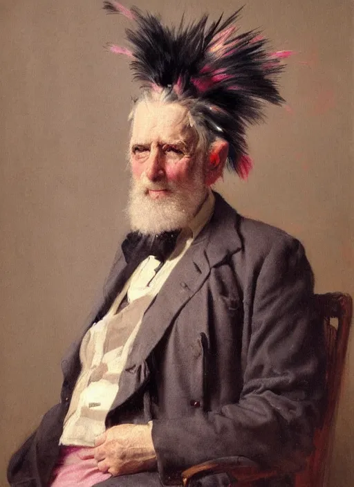 Image similar to a portrait of old man with a pink mohawk by edouard bisson, punk rock, oil painting, muted colours, soft lighting