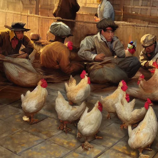 Image similar to Chickens being prepared for slaughter in an 18th century Chinese market, artwork by Craig Mullins, trending on artstation