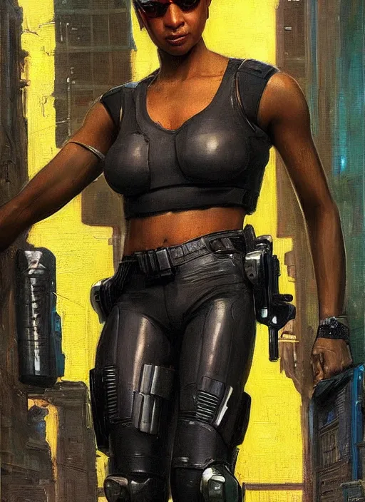 Prompt: Juliana Igwe. Buff Cyberpunk policewoman with robotic stilt legs. (Cyberpunk 2077, bladerunner 2049). gorgeous face. Patrolling at night. Iranian orientalist portrait by john william waterhouse and Edwin Longsden Long and Theodore Ralli and Nasreddine Dinet, oil on canvas. Cinematic, vivid colors, hyper realism, realistic proportions, dramatic lighting, high detail 4k