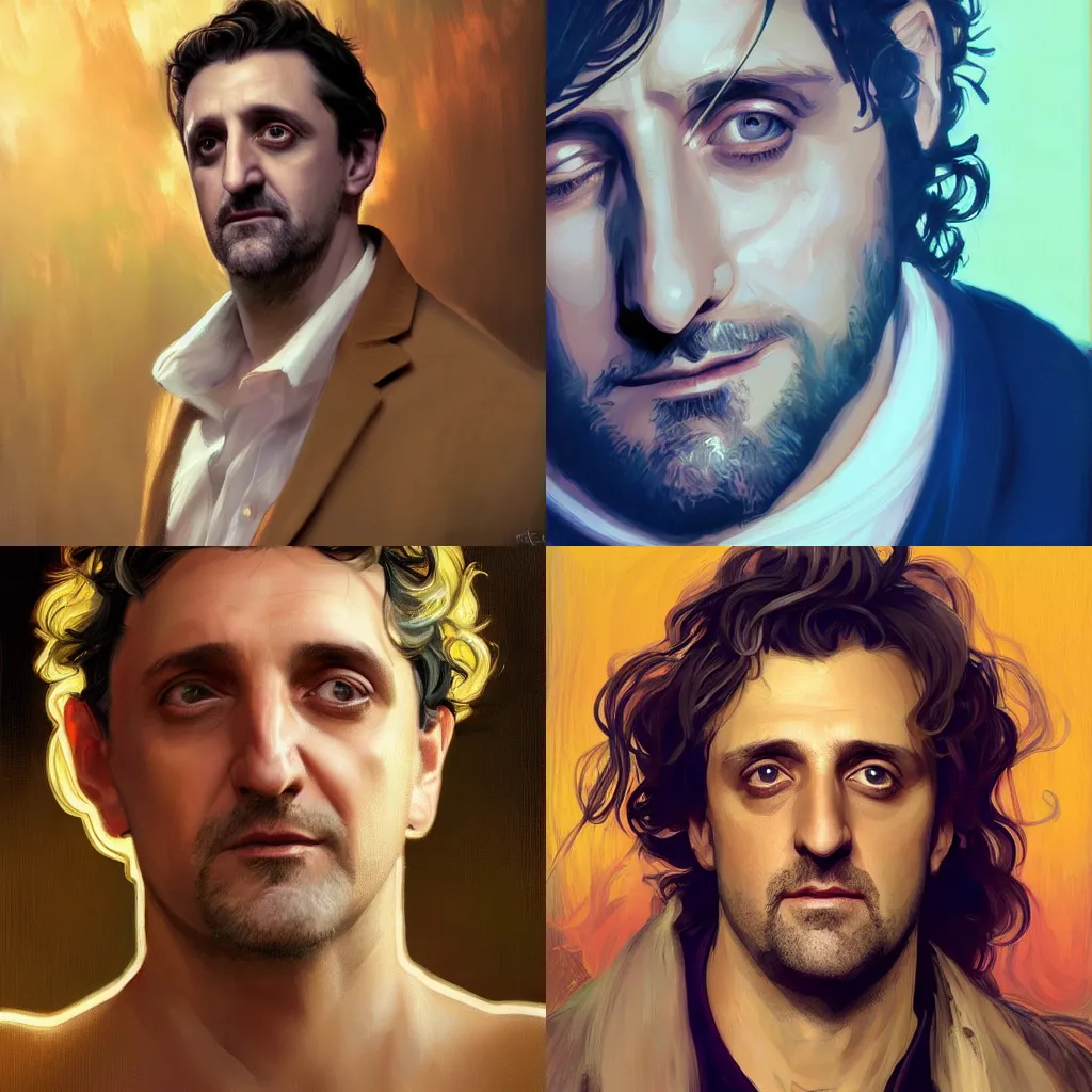 Prompt: raul esparza digital portrait with high quality brushstrokes and ethereal lighting, flowing hair, golden lighting, alphonse mucha, wlop, artstation, deviantart, pixiv