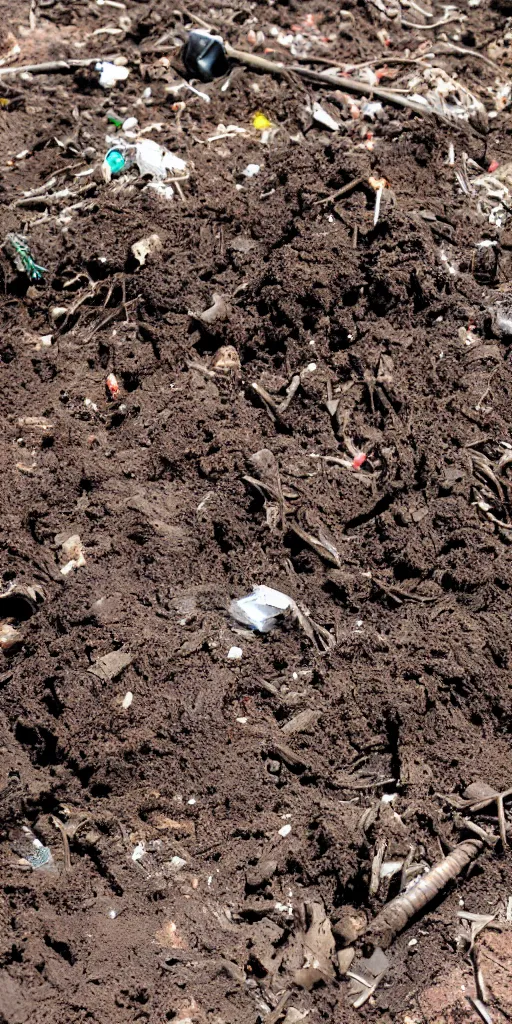 Image similar to a big topdown picture of nightmare horror dirt with trash, bricks, roots and mud. - w 1 0 2 4