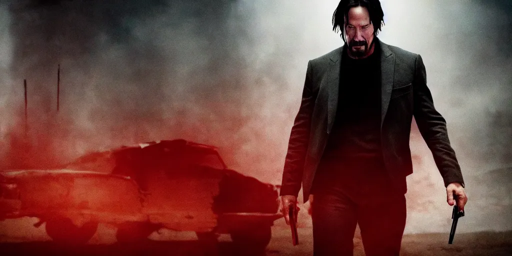 Prompt: old keanu reeves in Logan, cinematic, blood, ultrawide angle