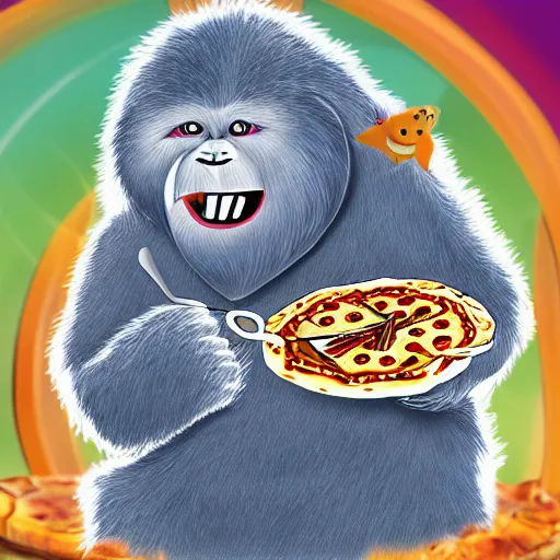 Prompt: friendly wizard yeti eating pizza