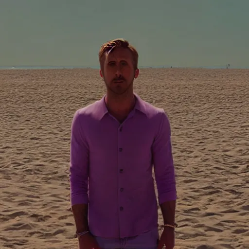 Image similar to ryan gosling robotic clothes in the beach purple sun, pink lighting ultra realistic photorealistic highly detailed high quality 8 k