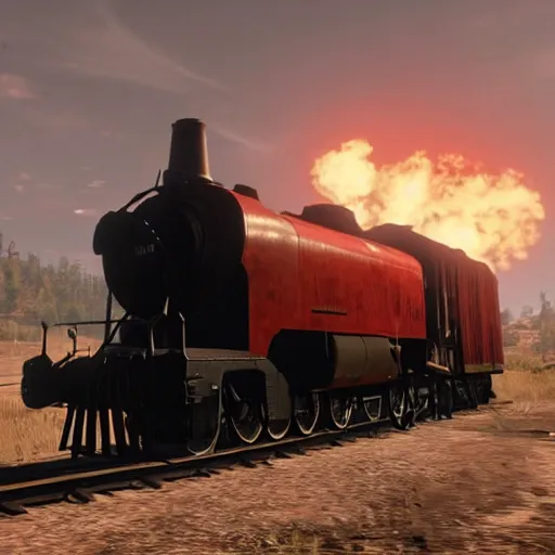 Image similar to futuristic sleek steam locomotive in red dead redemption 2