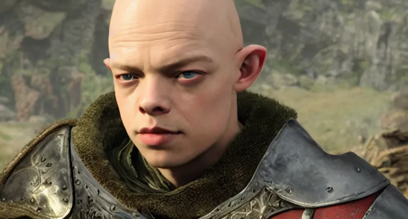 Prompt: promotional image of dane dehaan as a bald elf in dragon age : inquisition, hyperrealistic, detailed face, movie still, promotional image, imax 7 0 mm footage