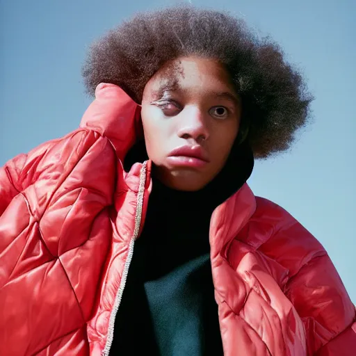 Image similar to realistic! photoshoot for a new balenciaga lookbook, color film photography, portrait of a beautiful woman wearing a puffer blazer, photo in style of tyler mitchell, 35mm