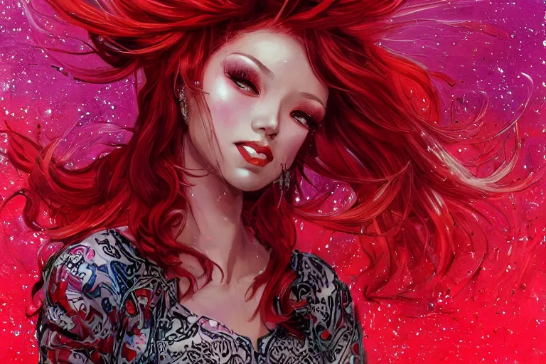 Image similar to a beautiful dancer with red hair in 1970's fashion, disco room background, intricate, highly detailed, digital painting, artstation, official media, anime key visual, concept art, rich vivid colors, ambient lighting, sharp focus, illustration, art by Ayami Kojima