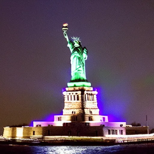 Prompt: a giant glowing mushroom like an umbrella over the statue of liberty