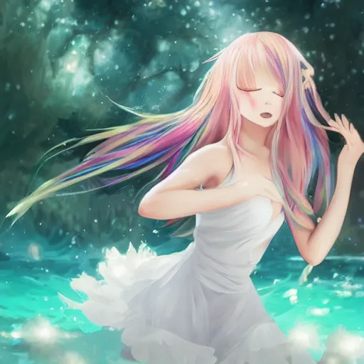 Prompt: SFW version, stunning beauty anime, advanced digital art, painting, WLOP, pixivs, Sakimichan, RossDraws, girl with rainbow hair dancing in the middle of a lake wearing a white dress. —H 2048