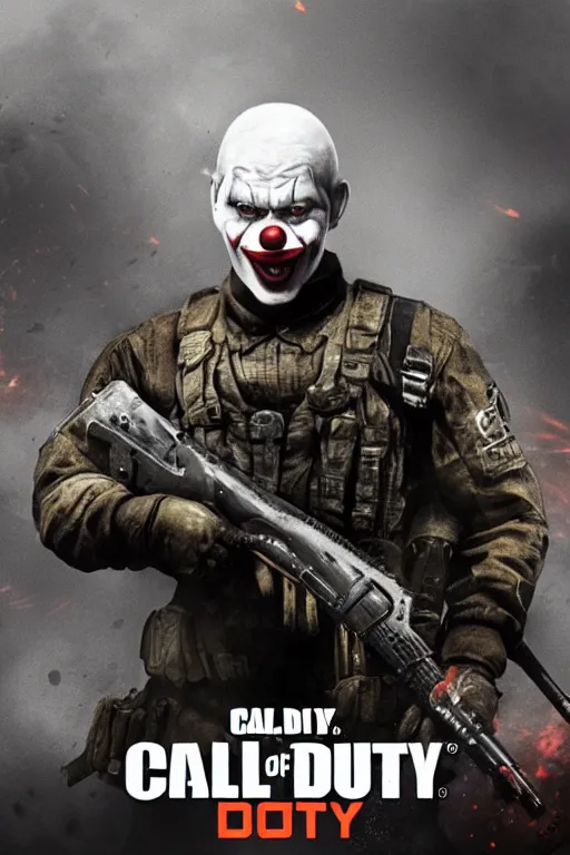 Image similar to call of duty cover art, goofy clown photo
