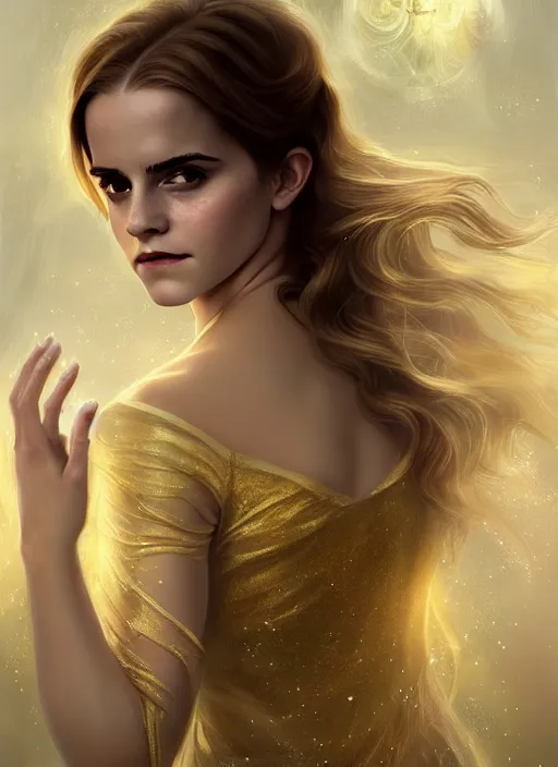 Prompt: emma watson as magic healer celestial, long hair, white and gold cloth, lake in the forest, D&D, shiny background, intricate, elegant, highly detailed, digital painting, artstation, concept art, smooth, sharp focus, illustration, artgerm, bouguereau