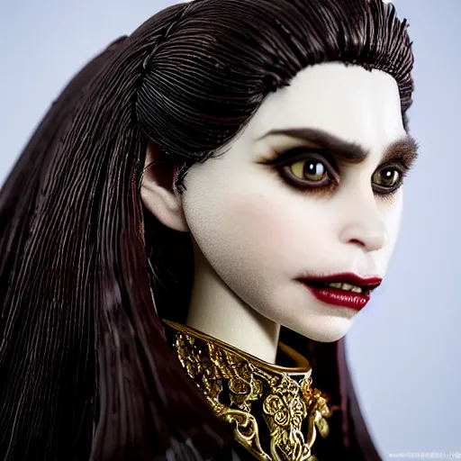 Image similar to photo taken of an epic intricate, ultra detailed, super realistic stop motion puppet of a majestic gracious regal aristocratic brunette female vampire created by weta workshop, menacing, some zoomed in shots, photorealistic, sharp focus, white wall, extremely cold blueish colour temperature, 3 5 mm, f 1. 4, golden ratio