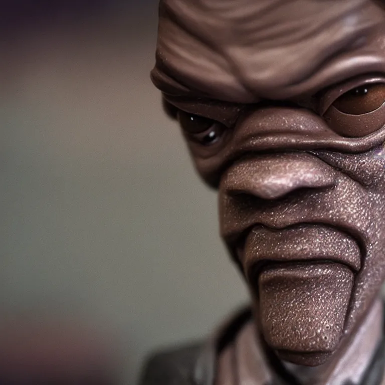 Image similar to a cinematic film still of a claymation stop motion film starring samuel l jackson, shallow depth of field, 8 0 mm, f 1. 8