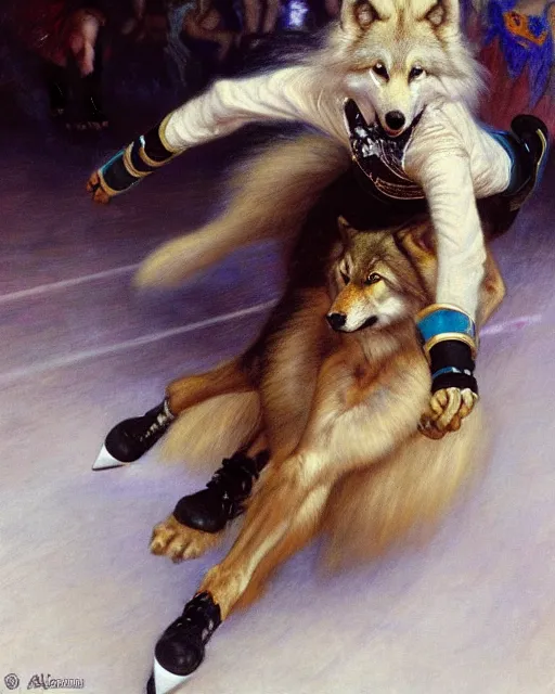 Image similar to white female anthro wolf skating at a roller derby, 4 k, furaffinity, trending on artstation, energetic, speed, motion blur, by gaston bussiere, sakimichan, j. c. leyendecker, gustav klimt, artgerm, greg rutkowski, alphonse mucha