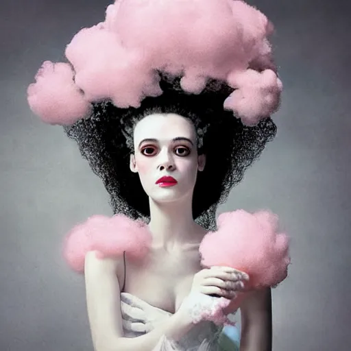 Image similar to portrait of a cute bride of frankenstein with soft pink and white cotton fluffy balls floating in image, fashion photography, highly detailed, digital photography by jheronimus bosch and james jean and james rutkowski
