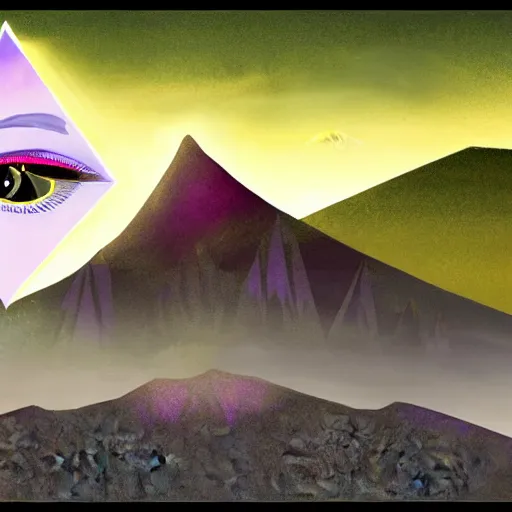 Image similar to concept art of a movie about illuminati, purple mountains in the background and all - seeing eye in the foreground, professional drawing, highly detailed, award winning digital art