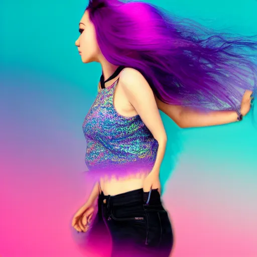 Image similar to a award winning full body shot of a beautiful woman in a croptop with a ombre purple pink teal hairstyle with head in motion and hair flying, outrun, vaporware, vivid colors, highly detailed, fine detail, intricate