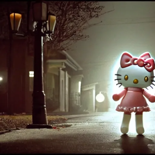 Image similar to film still of a human sized hello kitty with a knife standing on an empty street beneath a lamp, grainy, horror movie, creepy, eerie, dark, great cinematography, amazing lighting, directed by scott derrickson and sam raimi and fede alvarez
