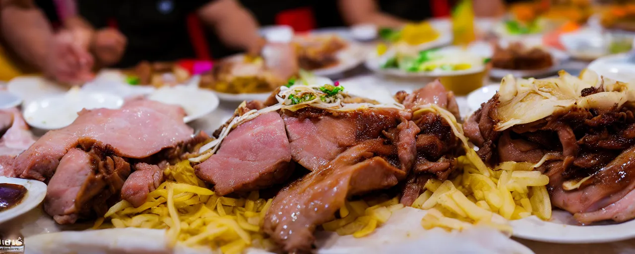 Prompt: lechon baboy at a philippines food restaurant, depth of field, food photography, isometric, tasty, burger, wide shot, studio, bokeh, gmaster, cooking, food, kodak, sony, canon