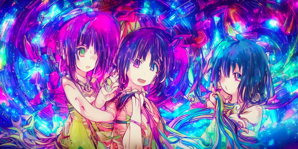 Prompt: Dreamy psychedelic anime, extremely colorful, geometric, Madoka witch labyrinth, patchwork, photoshop, HDR, 4k, 8k, abstract, two anime girls standing within two raging colorful vortexes, detailed and cute faces on the anime girls, very cute and childlike, hugging, smiles and colors, stars as pupils, detailed eyes