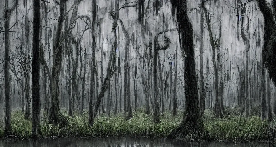 Image similar to A dense and dark enchanted forest with a swamp, by studio 4c