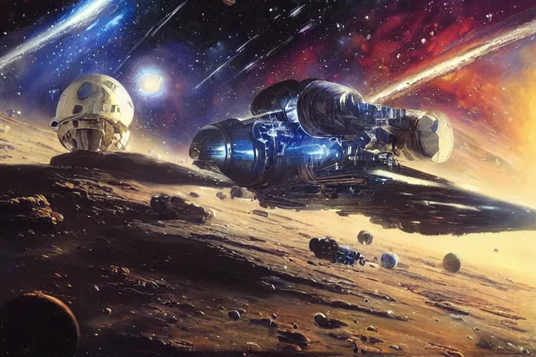 Image similar to a beautiful space scene with a spaceship and a dark, plain, simple starry background, art by alan bean and john berkey trending on artstation, highly detailed oil painting, hyperrealistic, cinematic, dramatic lighting, sharp color palette