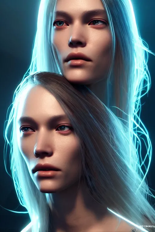 Image similar to a portrait of a beautiful 28th century super cool post-human female with long hair, barely human and largely biomechanical cyberpunk, hyper-realistic, very detailed unreal engine, by Artgerm, WLOP and Ross Thran, dramatic cinematic lighting rendered by octane, 8k, detailed, trending on artstation, deviantart google images, pinterest